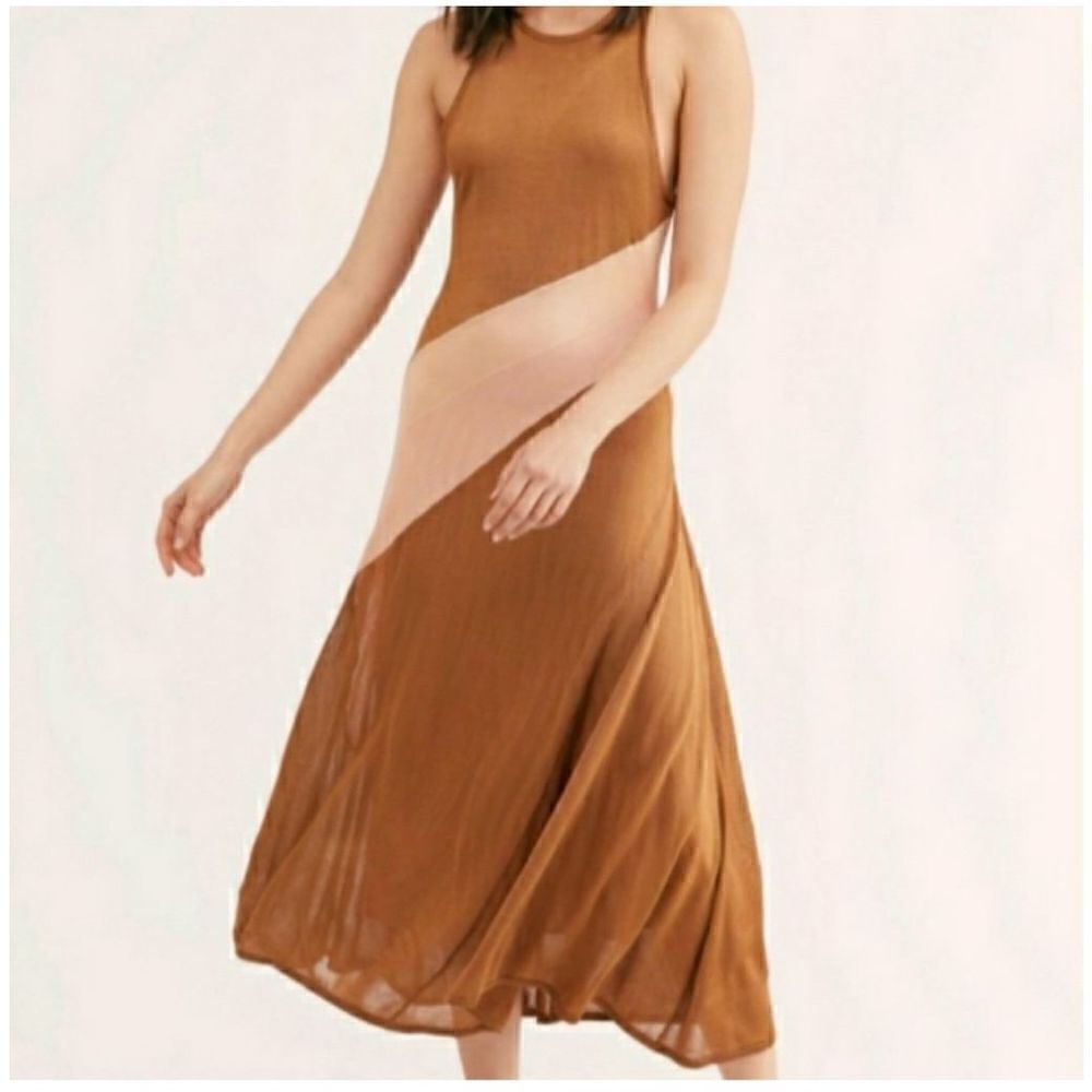 Free People Two-Tone Diagonal Midi Dress in Brown and Blush